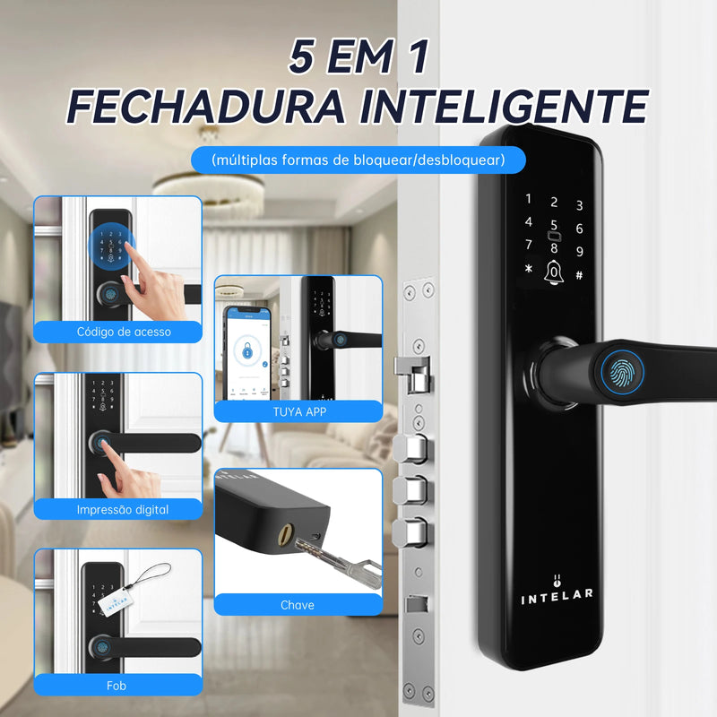 Fechadura digital com WiFi, biometria e múltiplas formas de desbloqueio. Segurança e praticidade!