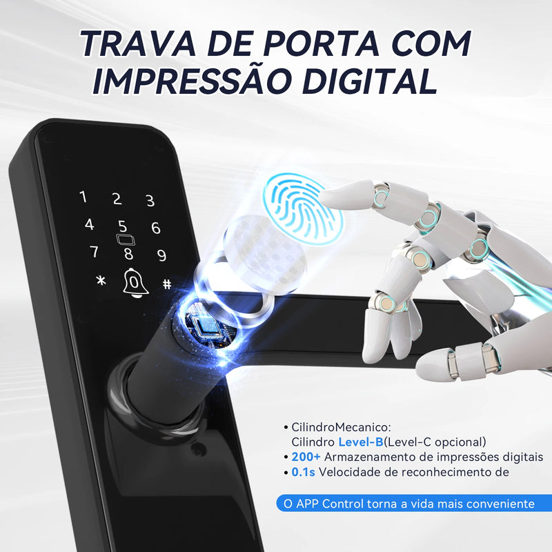 Fechadura digital com WiFi, biometria e múltiplas formas de desbloqueio. Segurança e praticidade!