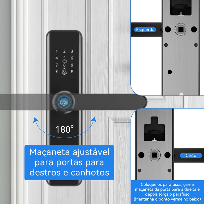 Fechadura digital com WiFi, biometria e múltiplas formas de desbloqueio. Segurança e praticidade!